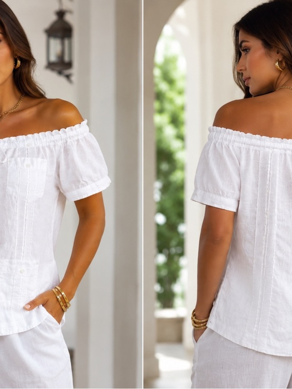 Elegant sheer lace blouse by Mojito Linen in size M.